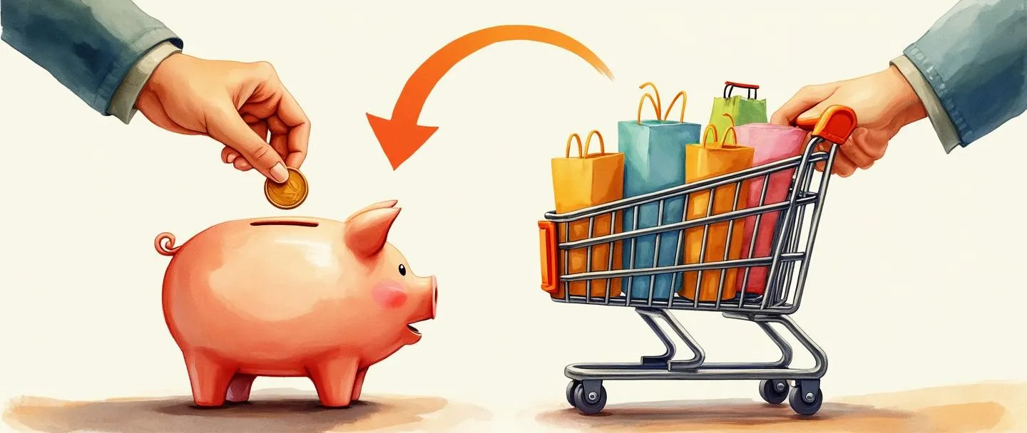 Uma pintura digital em aquarela de uma mão colocando uma moeda em um cofre de porquinho enquanto outra mão segura um carrinho de compras reabastecendo-o com mercadorias. Uma seta circular conecta as duas ações, sugerindo um ciclo contínuo. Composição simples com cores quentes, transmitindo o conceito de cota de recompra.