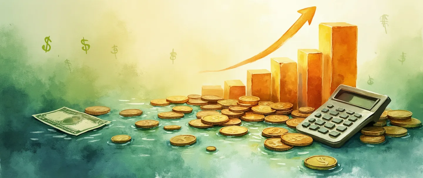 Uma pintura digital em aquarela de um rio fluindo de moedas e notas de dinheiro que desemboca em um gráfico de barras estilizado que está crescendo para cima. Uma calculadora simples está próxima com um brilho suave ao seu redor. O fundo apresenta símbolos de cifrão sutis em uma lavagem leve de aquarela. Composição limpa com tons dourados e verdes quentes representando valor de receita.