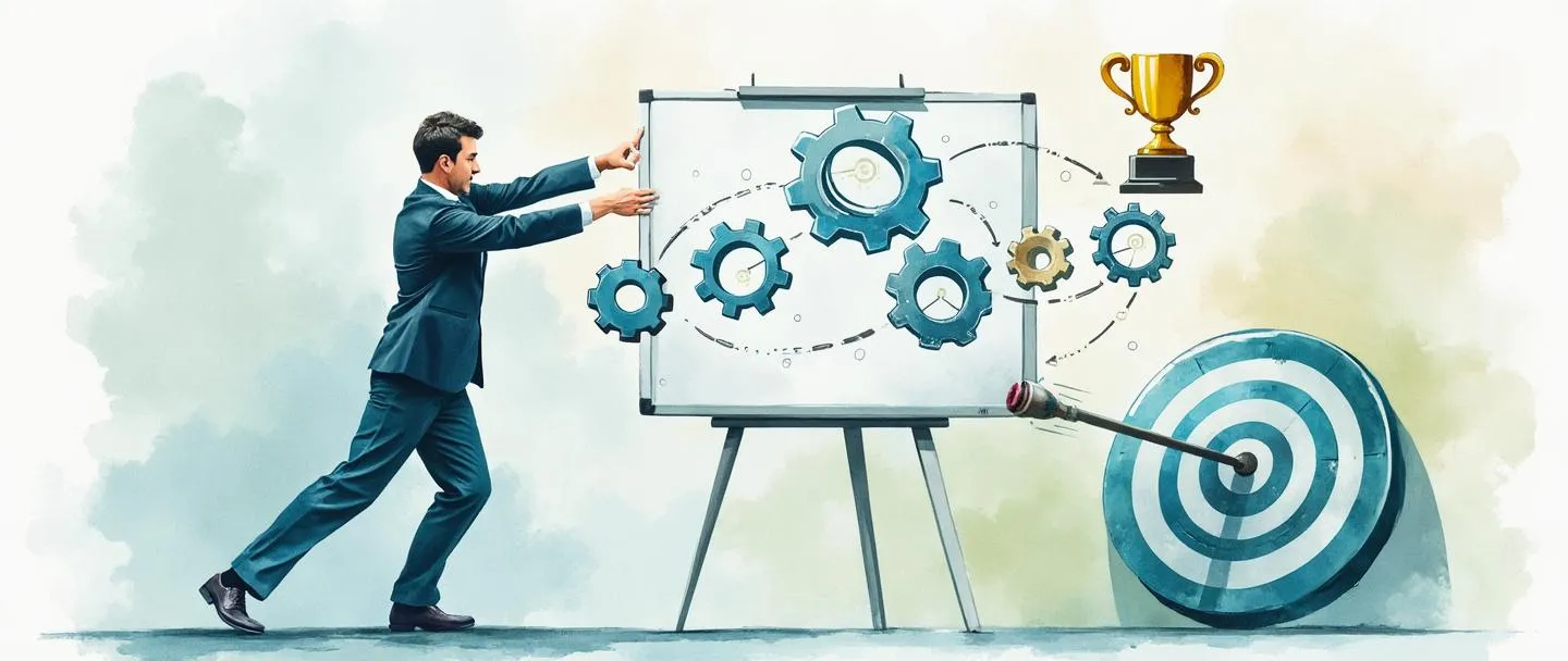 Uma pintura digital em aquarela de uma pessoa em trajes executivos praticando movimentos de kata ao lado de um quadro branco com diagramas fluidos. Engrenagens flutuam acima, conectando-se a um troféu e um alvo. Composição simples com tons suaves de azul e verde, transmitindo melhoria contínua e prática estruturada de gestão.