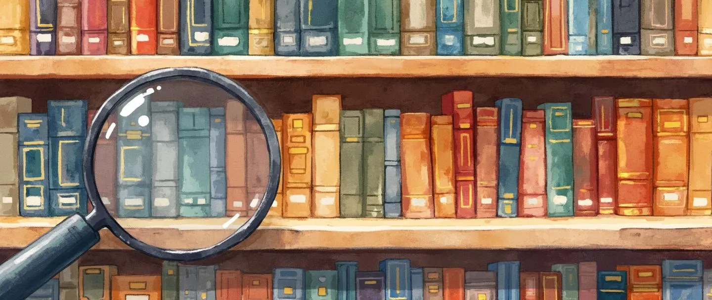 Uma pintura digital em aquarela de uma estante de livros organizada com livros coloridos dispostos em categorias hierárquicas claras, com etiquetas e tags de classificação visíveis. Uma lupa paira sobre a estante, destacando uma categoria específica de livros. Composição simples com linhas limpas, usando cores quentes para transmitir organização e estrutura.