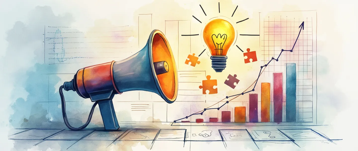 Uma pintura digital em aquarela de um blueprint de estratégia de marketing com um megafone conectado a um alvo, cercado por gráficos de barras flutuantes e peças de quebra-cabeça. Uma lâmpada paira acima, iluminando a cena com raios dourados. Composição simples, cores vibrantes, atmosfera profissional, porém criativa.