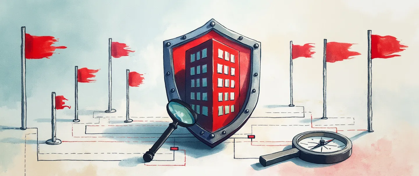 Uma pintura digital em aquarela de um escudo protegendo um edifício de escritórios estilizado de vários símbolos de perigo. Bandeiras vermelhas de aviso cercam o edifício, enquanto uma bússola e uma lupa repousam em primeiro plano. Um fluxograma simplificado conecta tudo com linhas pontilhadas. Composição limpa com tons suaves de azul e vermelho.