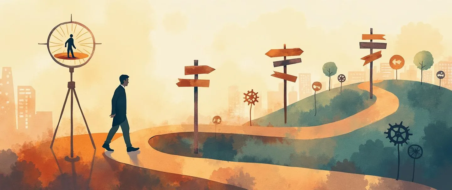 Uma pintura digital em aquarela de uma silhueta humana caminhando por um caminho sinuoso com placas de sinalização marcando diferentes estágios. O caminho atravessa uma paisagem de escritório estilizada com uma bússola guiando o caminho. Pequenas engrenagens e peças de quebra-cabeça conectam diferentes pontos da jornada. Composição simples, cores quentes, conceito de mapeamento da jornada do funcionário.