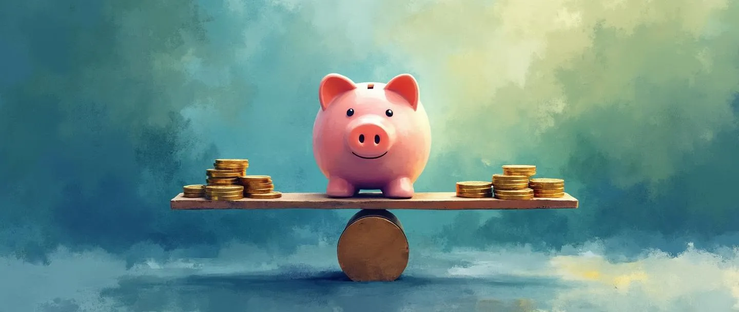 Uma pintura digital em aquarela de uma balança equilibrada com moedas e notas de dinheiro em ambos os lados, perfeitamente nivelada. Um cofrinho de porquinho repousa serenamente no centro, irradiando um brilho suave. Composição simples com tons calmos de azul e verde, transmitindo estabilidade financeira e tranquilidade.