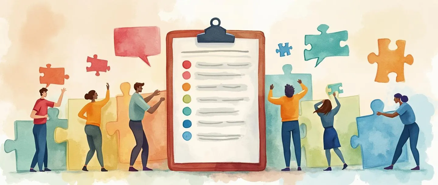 Uma pintura digital em aquarela de uma prancheta com um formulário de pesquisa colorido, cercada por balões de fala flutuantes em várias cores. Trabalhadores de escritório estão colocando peças de quebra-cabeça em um grande organograma. Composição simples, tons quentes, tema de harmonia no ambiente de trabalho.