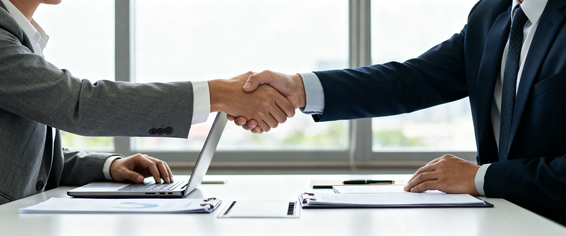Vendas B2B: guia completo com etapas, benefícios e estratégias eficazes Fotografia editorial ultra-realista de dois executivos profissionais apertando as mãos em reunião corporativa B2B, com laptops e documentos sobre mesa de conferência moderna, capturada com Canon EOS R5 e luz natural, foco nítido e detalhes precisos.