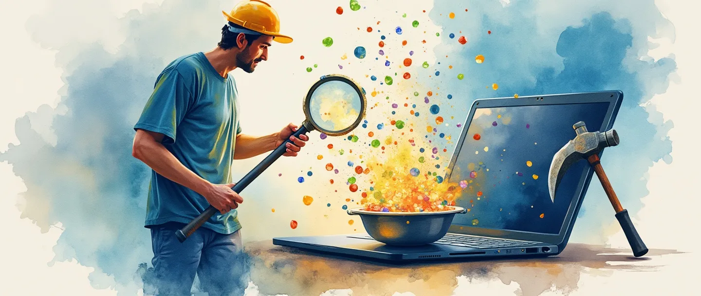 Uma pintura digital em aquarela de uma pessoa com uma lupa examinando pontos de dados coloridos flutuando acima de um laptop aberto. Ferramentas de mineração como uma picareta e uma peneira estão sutilmente integradas na cena, com pedras preciosas brilhantes representando insights valiosos sendo extraídos de fluxos de dados brutos. Composição simples com paleta de cores azul e dourada.