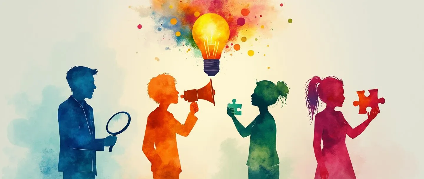 Uma pintura digital em aquarela de quatro silhuetas distintas em cores diferentes, cada uma segurando um objeto diferente: uma com uma lupa, uma com uma bússola, uma com um megafone e uma com uma peça de quebra-cabeça. Acima delas flutua uma lâmpada com traços de personalidade coloridos irradiando para fora. Composição simples, cores vibrantes, profissional mas acessível.