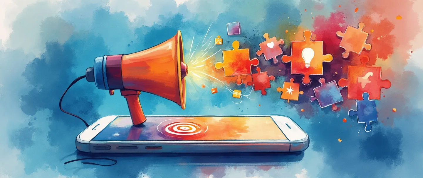 Uma pintura digital em aquarela de uma tela de smartphone exibindo ícones coloridos de redes sociais com um megafone emitindo ondas vibrantes que se transformam em peças de quebra-cabeça conectando-se a um alvo com uma lâmpada em seu centro. Composição simples com pinceladas fluidas em tons de azul e laranja.