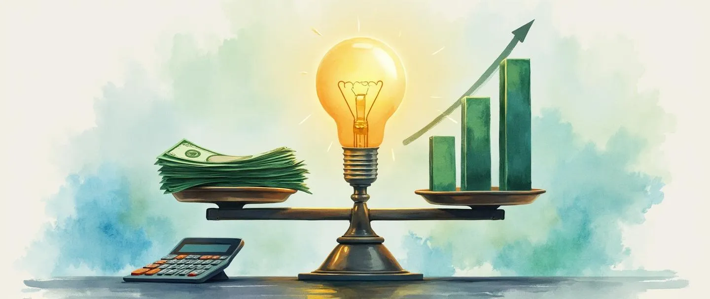 Uma pintura digital em aquarela de uma balança equilibrada com dinheiro de um lado e um gráfico crescente do outro. Uma lâmpada brilha acima, iluminando uma calculadora simples próxima. Tons suaves de azul e verde com toques de dourado. Composição limpa transmitindo o conceito de viabilidade econômica.