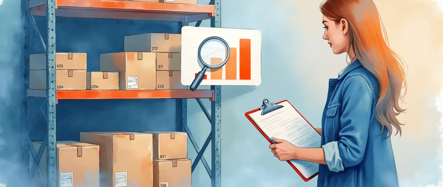 Uma pintura digital em aquarela de uma pessoa com uma prancheta marcando caixas em uma prateleira de armazém com caixas de produtos. Uma lupa paira por perto destacando números de inventário, enquanto um gráfico de barras simples flutua acima mostrando níveis de estoque. Composição limpa com tons suaves de azul e laranja.