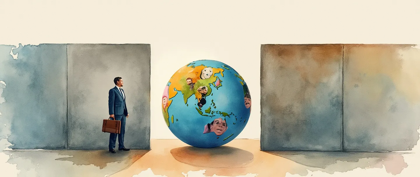 Uma pintura digital em aquarela mostrando um globo com rostos diversos sendo separados de um edifício corporativo por uma parede. Um empresário com uma pasta está de um lado rejeitando candidatos diversos. Composição simples com cores contrastantes destacando a exclusão e discriminação em ambientes corporativos.