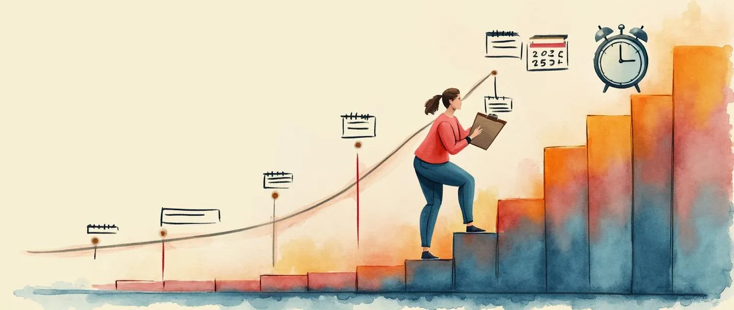 Uma pintura digital em aquarela de uma pessoa escalando um gráfico de produtividade com tendência ascendente, segurando uma prancheta com uma lista de verificação. Atrás dela há uma linha do tempo mostrando tarefas concluídas, com um relógio e um calendário ao fundo. Composição simples com cores quentes transmitindo progresso e realização.