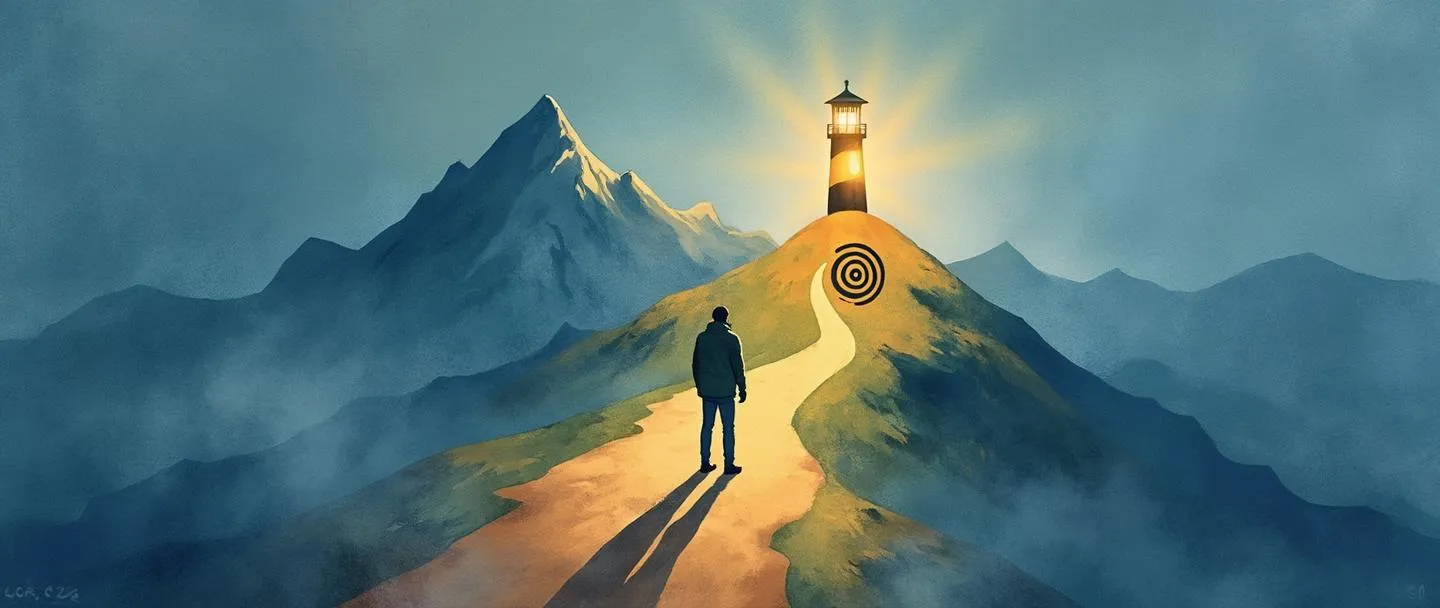 Uma pintura digital em aquarela de uma bússola guiando uma pessoa que está em uma encruzilhada, com um caminho claro iluminado pelo feixe de um farol que leva ao topo de uma montanha. A bússola tem uma seta brilhante apontando para um alvo com um centro. Composição simples com tons suaves de azul e dourados quentes, transmitindo direção estratégica e orientação intencional.