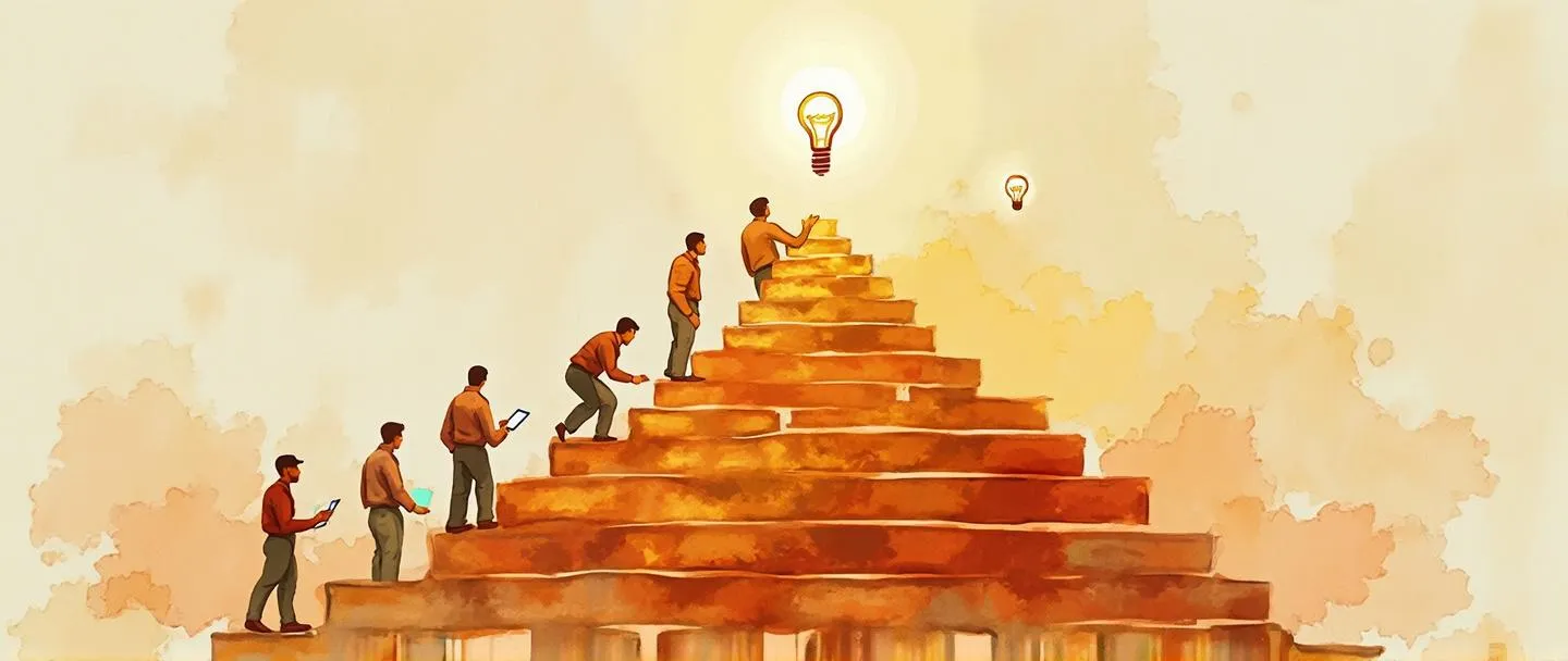 Uma pintura digital em aquarela mostrando trabalhadores na base de uma estrutura piramidal colaborando para construir em direção ao topo, com ideias representadas por pequenas lâmpadas surgindo deles em direção a uma lâmpada maior no topo. Composição simples com pinceladas fluidas, cores quentes e detalhes mínimos para ilustrar o pensamento estratégico de baixo para cima.