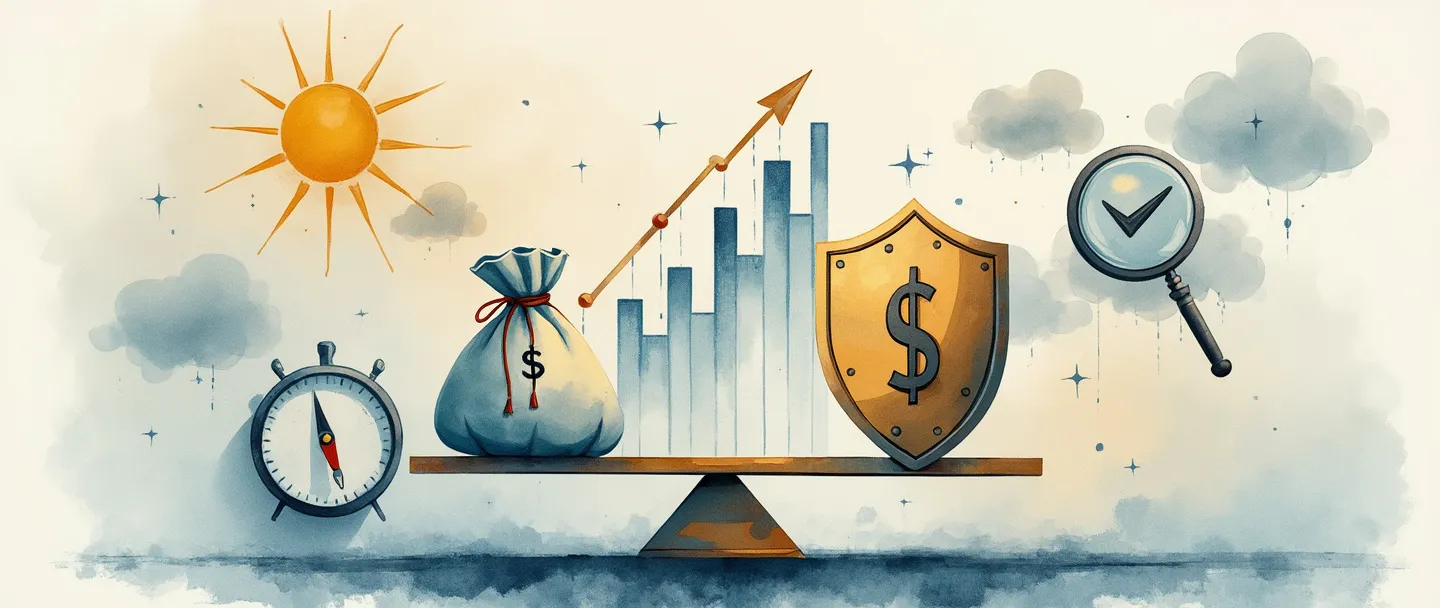 Uma pintura digital em aquarela de uma balança equilibrada pesando uma bolsa de dinheiro contra um escudo, com uma lupa pairando sobre gráficos financeiros. Uma bússola aponta para um cofre com um sinal de verificação, enquanto nuvens de tempestade e sol aparecem no fundo. Composição simples, com tons suaves de azul e dourado, transmitindo avaliação de risco financeiro.