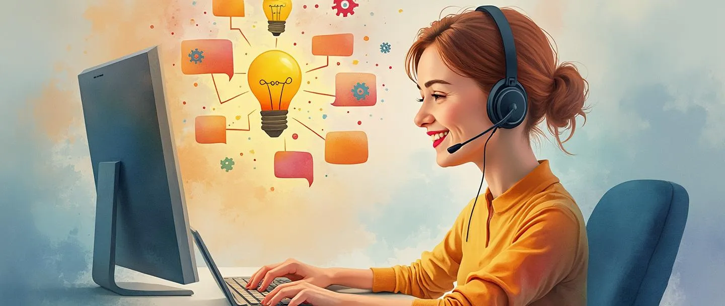Uma pintura digital em aquarela de um representante de atendimento ao cliente com fone de ouvido sorrindo enquanto usa um computador. Atrás dele, uma lâmpada brilhante se conecta a um smartphone com balões de fala coloridos. Engrenagens simples flutuam acima, representando sistemas trabalhando juntos. Cores quentes e convidativas com um estilo limpo e minimalista.
