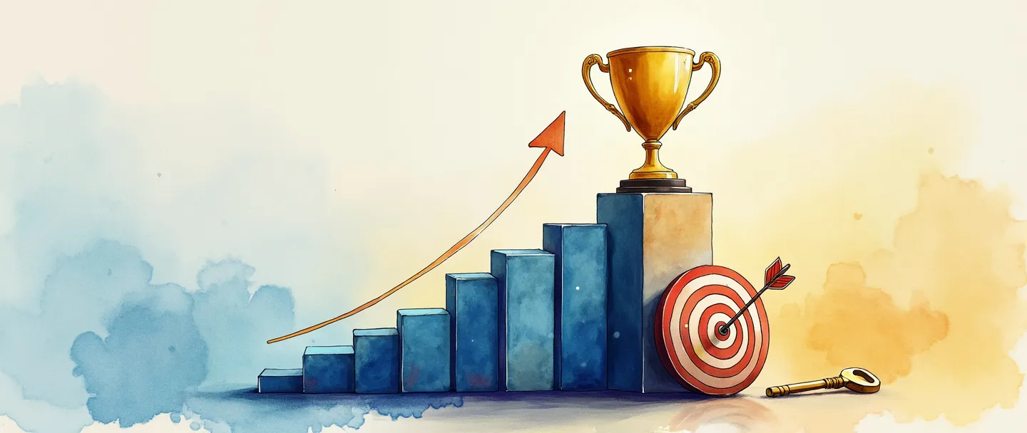Uma pintura digital em aquarela de um troféu posicionado no topo de um gráfico de barras ascendente, com uma chave dourada próxima. Um pequeno alvo com uma flecha no centro conecta-se ao gráfico com uma linha pontilhada. Composição simples com vibrantes tons de azul e dourado, transmitindo conquista e sucesso mensurável.