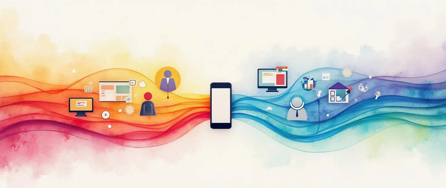 Uma pintura digital em aquarela de um smartphone no centro conectado por fitas de arco-íris fluidas a um computador, uma sacola de compras e uma vitrine de loja. As fitas se fundem em uma silhueta unificada de cliente, simbolizando uma experiência de vendas multicanal perfeita. Composição simples com cores vibrantes contra um fundo branco suave.
