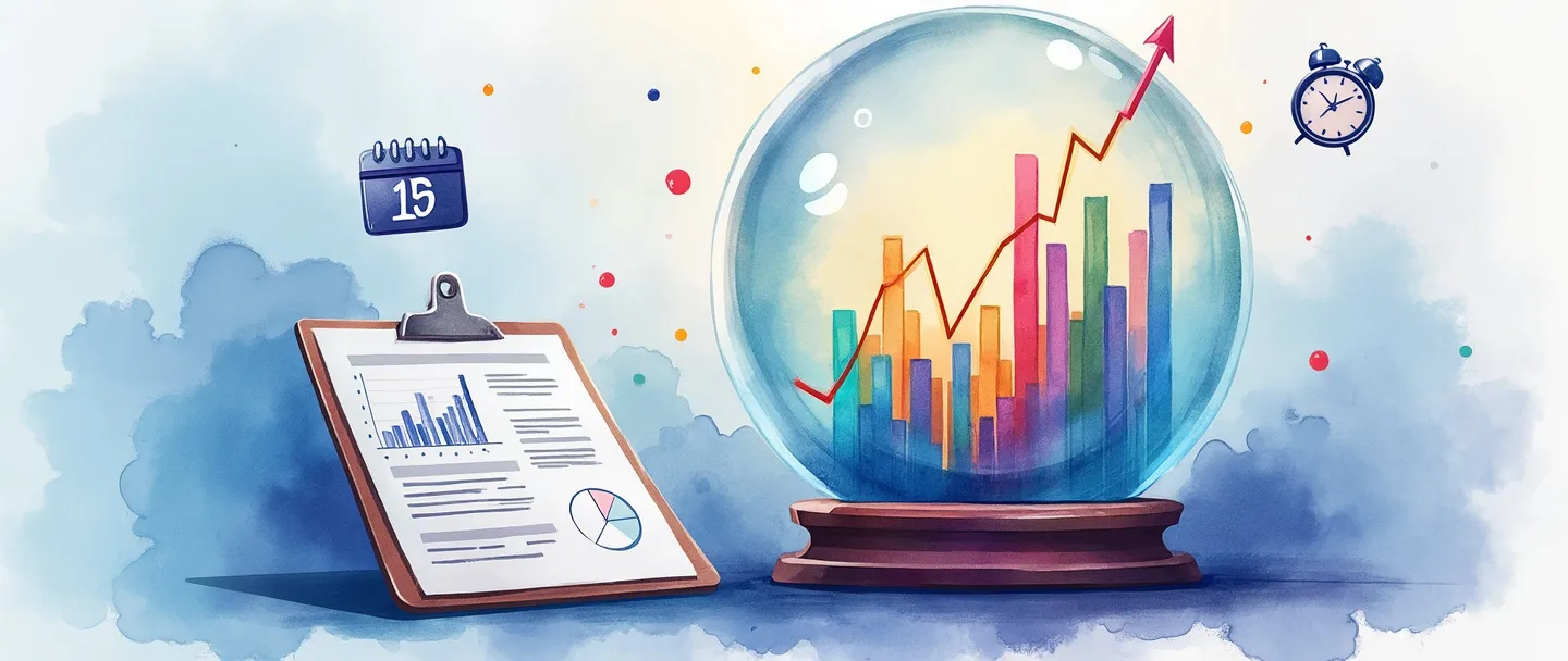 Uma pintura digital em aquarela de uma bola de cristal mostrando gráficos de linha coloridos e gráficos de barras subindo. Uma prancheta com um relatório de previsão está ao lado, enquanto um calendário e um relógio pairam acima, sugerindo planejamento futuro. Composição simples com tons suaves de azul e roxo, transmitindo previsão de dados e projeção de demanda.