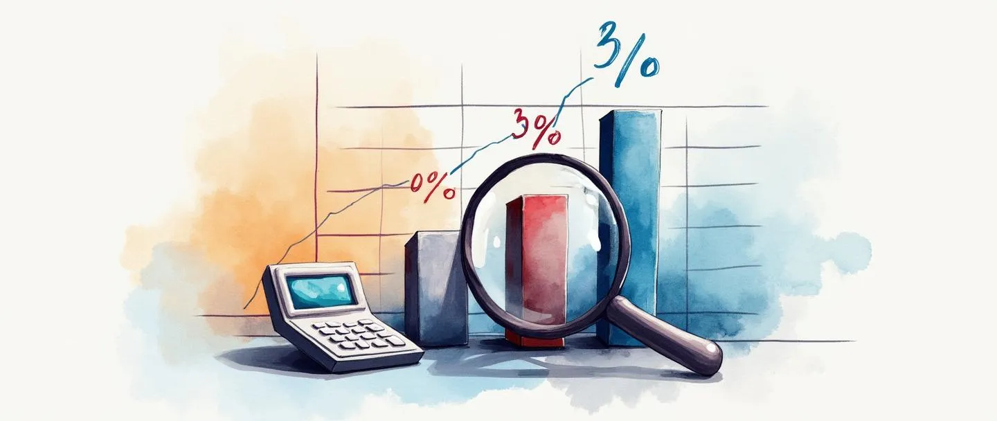 Uma pintura digital em aquarela de um gráfico de barras com símbolos de porcentagem flutuando acima dele, mostrando barras tanto em ascensão quanto em queda em cores contrastantes. Uma pequena calculadora está ao lado do gráfico com uma lupa pairando sobre as diferenças percentuais. Composição simples com linhas limpas e foco nas mudanças percentuais entre os números de vendas.