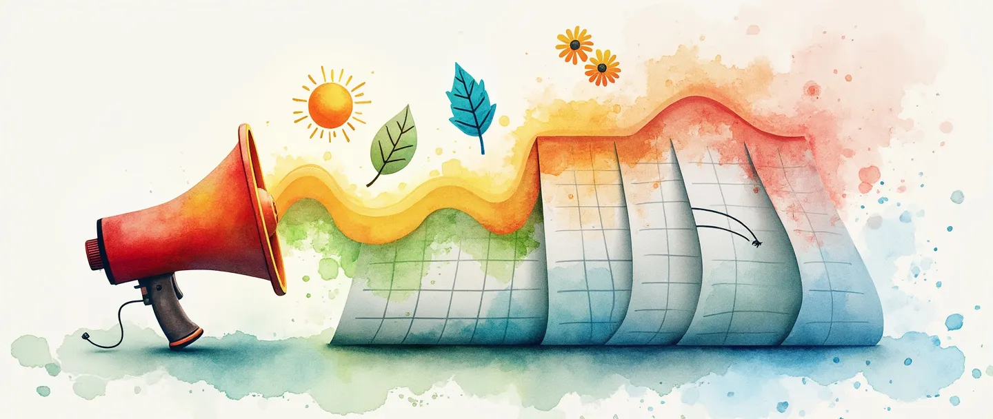 Uma pintura digital em aquarela de um calendário com estações do ano que fluem através de suas páginas, mostrando um megafone emitindo ondas coloridas que formam picos e vales como um gráfico. Quatro ícones distintos de estações (sol, folha, floco de neve, flor) pairam acima do calendário, com um mostrador de relógio sutilmente integrado ao fundo. Composição simples, cores vibrantes, porém harmoniosas.
