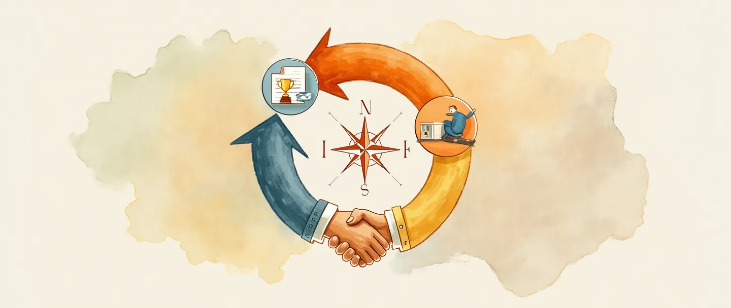 Uma pintura digital em aquarela de um caminho de setas circular conectando quatro elementos-chave: um aperto de mãos, um documento com assinatura, um troféu e uma moeda. O caminho forma um ciclo contínuo contra um fundo de gradiente suave, com uma rosa dos ventos sutil por baixo guiando a direção do fluxo. Composição simples e elegante com cores profissionais e acolhedoras.