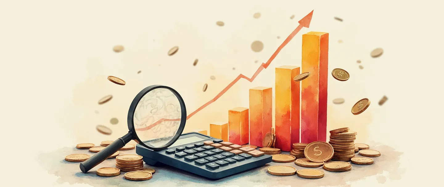 Uma pintura digital em aquarela de uma calculadora cercada por moedas e notas flutuantes, com um gráfico de barras simplificado subindo ao fundo. Uma lupa paira sobre o gráfico, revelando detalhamentos de custos em cores suaves e transparentes. Composição simples com tons quentes representando análise financeira.