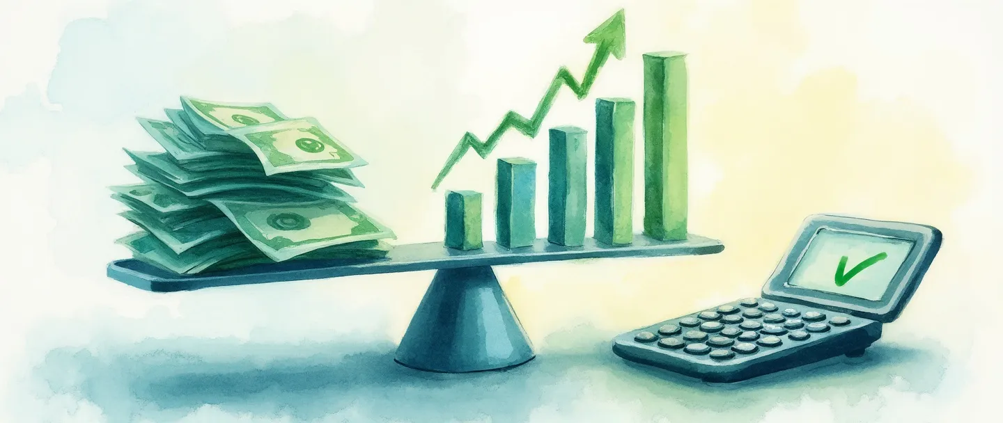 Uma pintura digital em aquarela de uma balança pesando dinheiro de um lado e um gráfico de barras ascendente do outro. Uma calculadora está próxima com um sinal de verificação verde brilhando acima dela. Composição simples com tons suaves de azul e verde, transmitindo avaliação financeira e viabilidade.