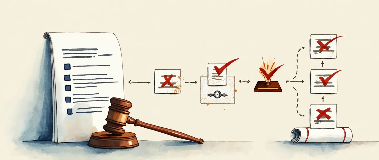 Uma pintura digital em aquarela de um documento com um carimbo e assinatura fluindo através de um fluxograma simples com marcas de verificação. Um martelo de juiz e um certificado aguardam no final do processo, simbolizando aprovação oficial. Linhas limpas, cores profissionais suaves, aparência organizada.