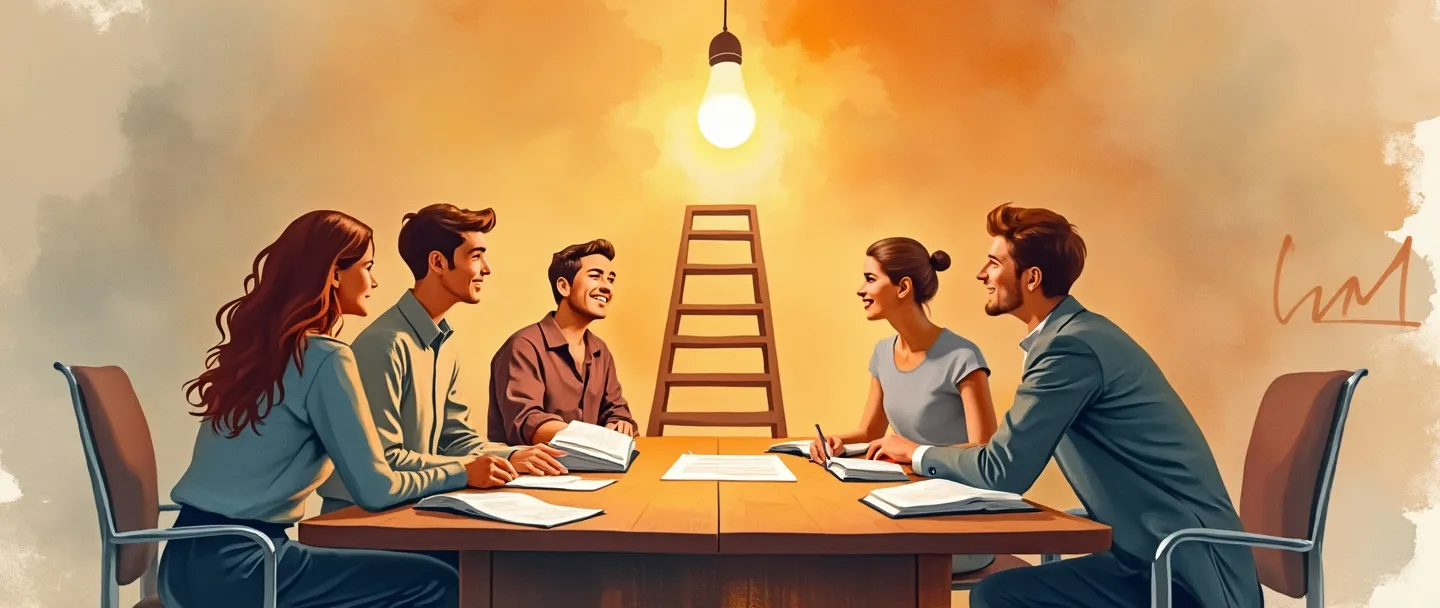 Uma pintura digital em aquarela de funcionários reunidos ao redor de uma mesa de treinamento com livros abertos e uma lâmpada brilhante acima deles. Uma escada sobe em direção a um certificado no fundo, com um pequeno gráfico mostrando progresso ascendente. Composição simples com cores quentes transmitindo desenvolvimento de habilidades e crescimento profissional.