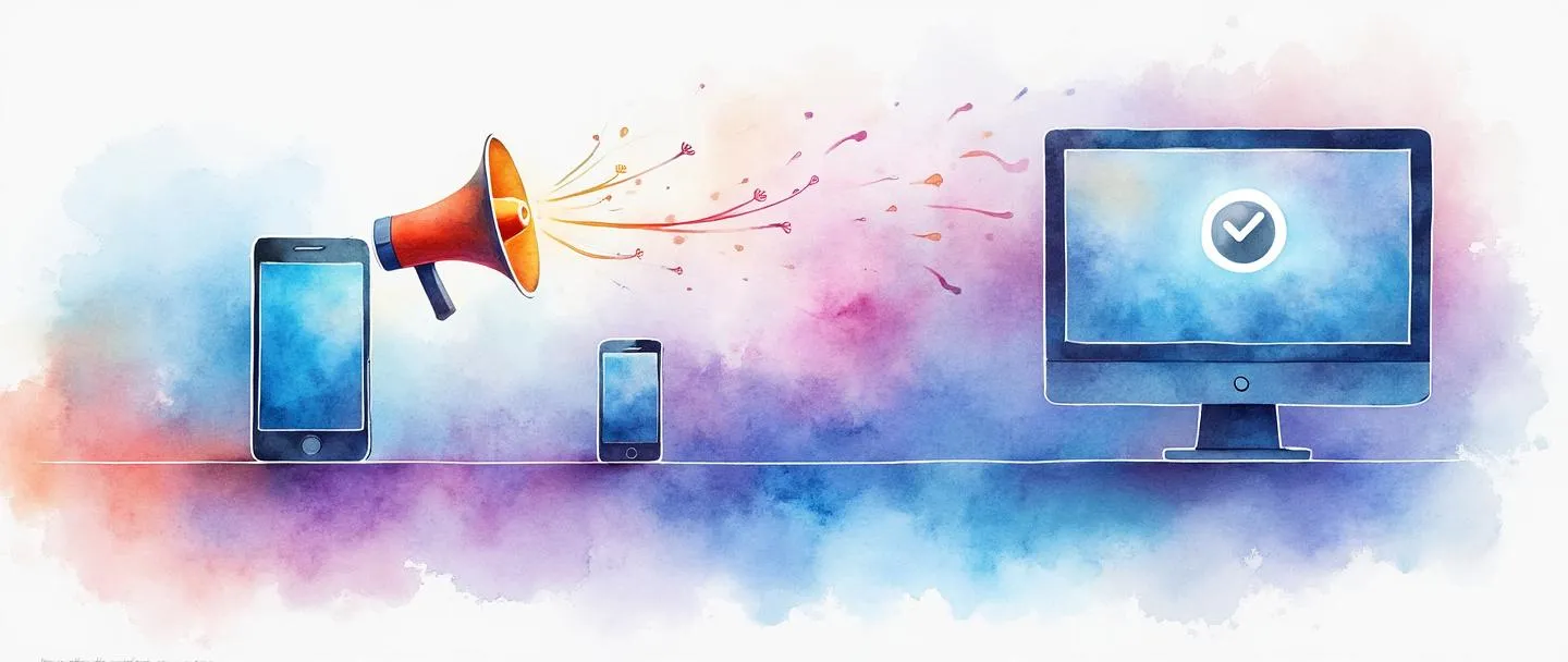 Uma pintura digital em aquarela de um smartphone, computador e megafone conectados por fluxos coloridos de luz. Cada dispositivo emite um brilho suave, convergindo para um ícone central de cliente. Composição simples com tons vibrantes de azul e roxo contra um fundo branco suave.