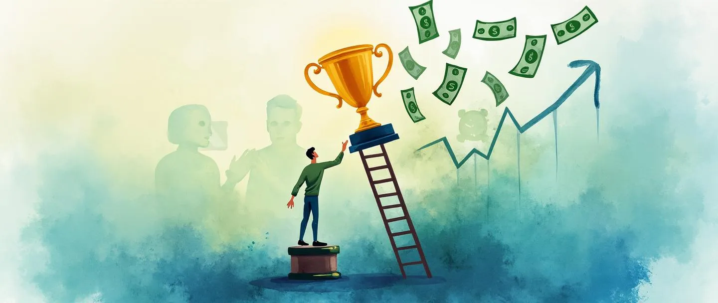 Uma pintura digital em aquarela de uma pessoa subindo uma escada em direção a um troféu, com notas de dólar flutuando ao redor. Um pequeno gráfico com tendência ascendente está ao lado deles, enquanto um relógio e um símbolo de aperto de mãos aparecem desfocados ao fundo. Composição simples com azuis e verdes vibrantes, representando as recompensas da produtividade.