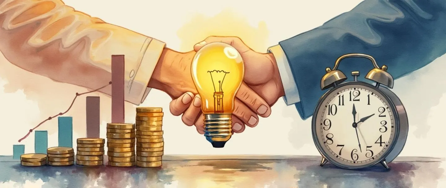 Uma pintura digital em aquarela de um aperto de mãos entre dois empresários com um gráfico de barras crescente ao fundo. Uma lâmpada brilha acima de uma pilha de moedas, enquanto uma balança pesa dinheiro contra um relógio. Composição simples com cores quentes transmitindo o conceito de viabilidade comercial.