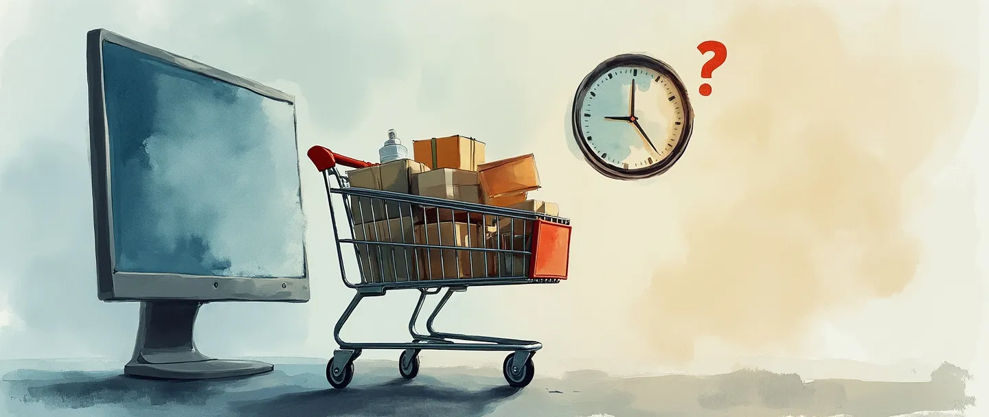 Uma pintura digital em aquarela de um carrinho de compras com itens dentro, meio desbotado enquanto se afasta de uma tela de computador. Um relógio e um ponto de interrogação pairam nas proximidades, sugerindo hesitação e o passar do tempo. Composição simples com cores suaves, transmitindo o conceito de abandono de carrinho.