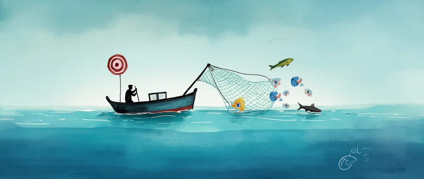 Uma pintura digital em aquarela de um pequeno barco de pesca lançando uma rede especializada em um vasto oceano, capturando apenas peixes coloridos específicos enquanto outros nadam por perto. Um símbolo de alvo flutua acima do barco, e uma pequena lupa destaca os peixes únicos. Composição simples com azuis vibrantes e cores contrastantes.