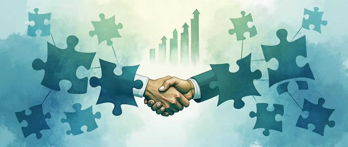 Uma pintura digital em aquarela de peças de quebra-cabeça interconectadas formando uma estrutura central de empresa, com peças menores se ramificando a partir dela. Um aperto de mãos conecta duas das peças principais, enquanto um gráfico de barras simplificado se eleva ao fundo. Tons suaves de azul e verde, linhas limpas, tema de colaboração corporativa.