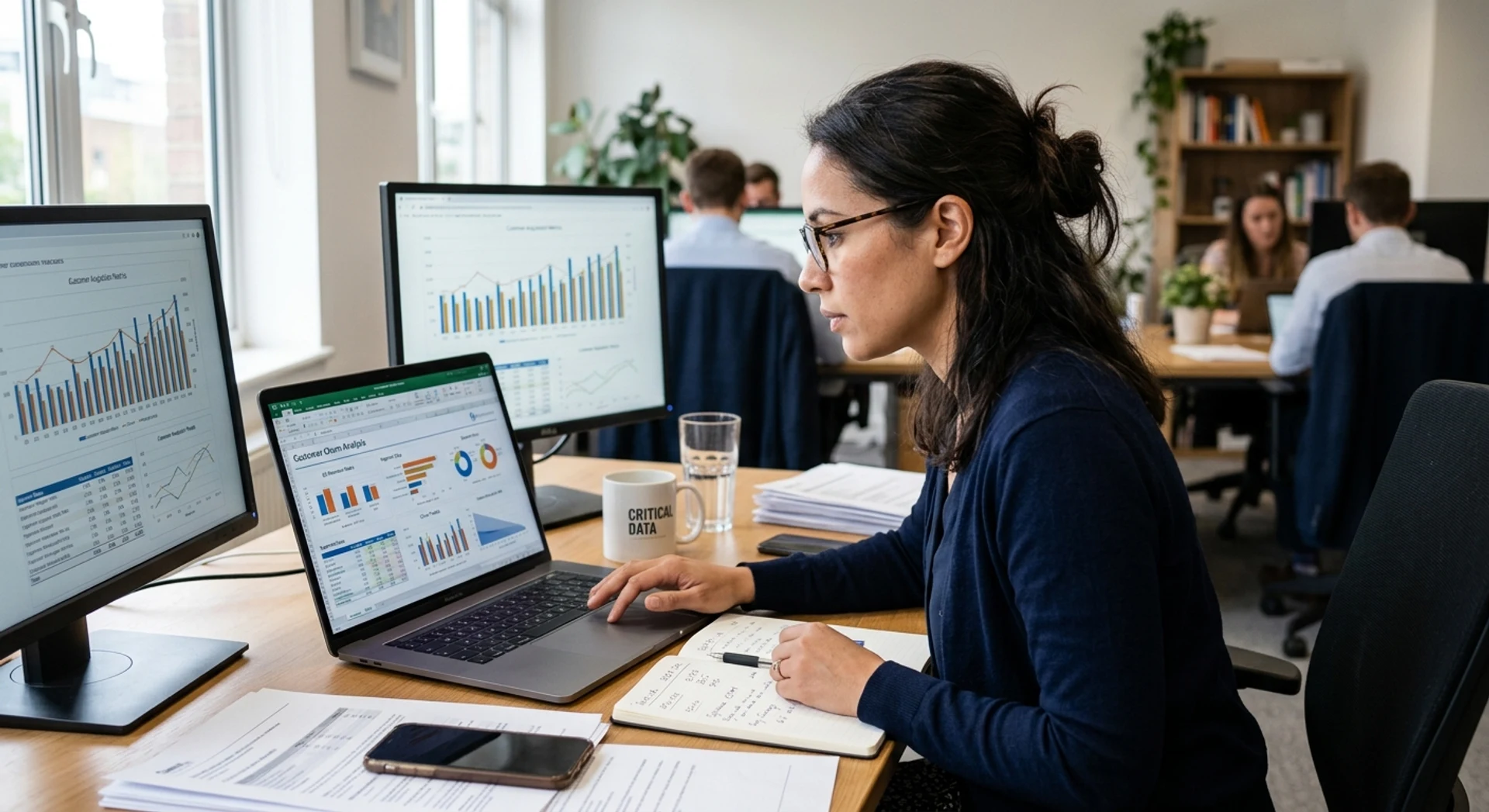 Tipos de churn: veja os 6 principais e como calcular essa métrica estratégica Fotografia editorial ultra-realista de analista de negócios trabalhando em mesa, revisando gráficos e planilhas de dados de clientes em laptop, luz natural de janela, foco nítido, alta resolução, momento autêntico capturado com Canon EOS R5.