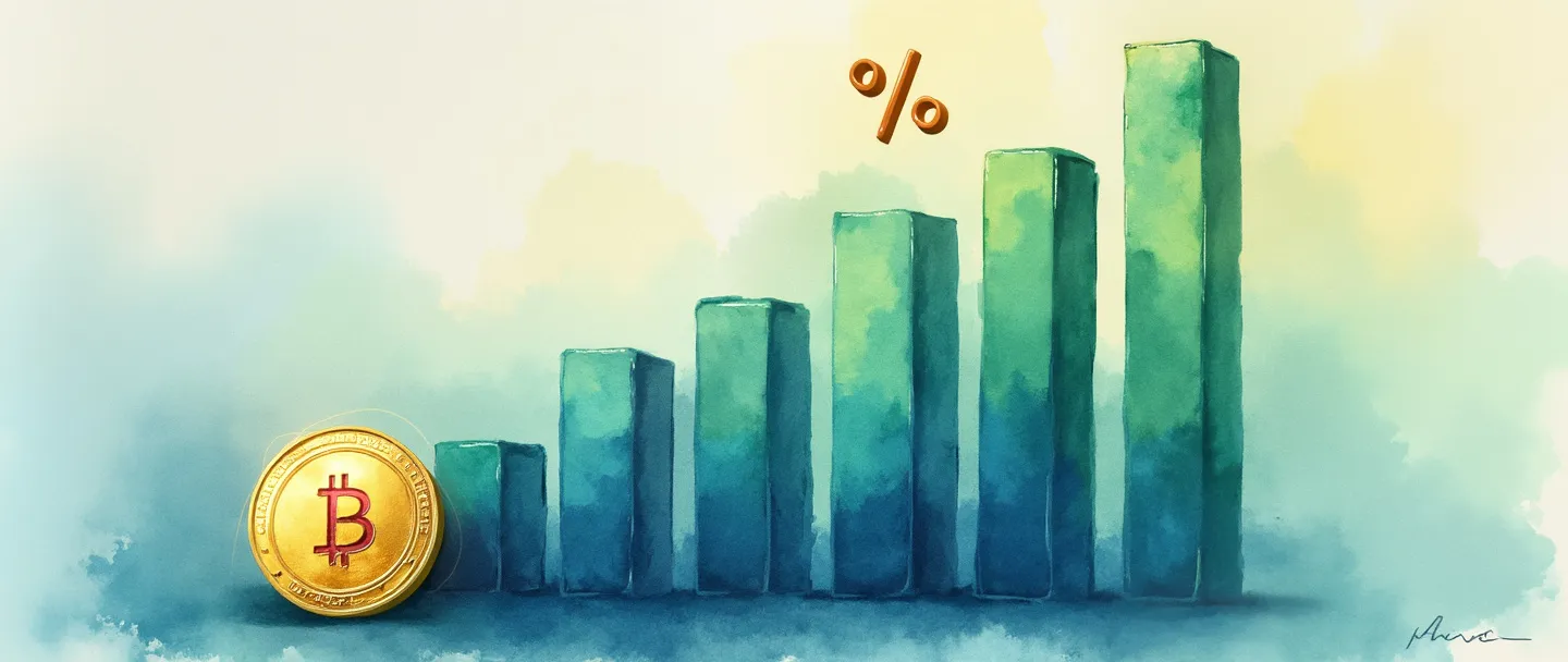 Uma pintura digital em aquarela de um gráfico de barras simples com tendência ascendente e uma moeda dourada em primeiro plano. Um pequeno símbolo de porcentagem flutua acima, emitindo um brilho suave. As barras do gráfico fazem transição do azul para o verde, simbolizando crescimento e lucratividade. Composição limpa com elementos mínimos, tema de sucesso nos negócios.