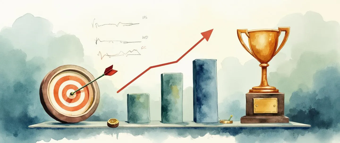 Uma pintura digital em aquarela de um painel com três gráficos de barras simples em ordem crescente, um alvo com uma flecha no centro, e um pequeno troféu. Uma bússola aponta na direção dos gráficos, sugerindo direção e propósito. Tons suaves de azul e verde com acentos dourados para o troféu e a bússola. Design limpo e minimalista com hierarquia visual clara.