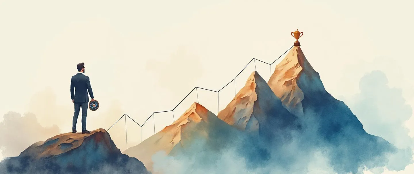 Uma pintura digital em aquarela de uma pessoa de negócios com uma bússola, em pé na base de uma montanha com vários picos. O pico mais alto tem um troféu no topo. Um gráfico simples com tendência ascendente conecta a pessoa ao cume. Cores suaves, linhas limpas, conceito de jornada de referência.