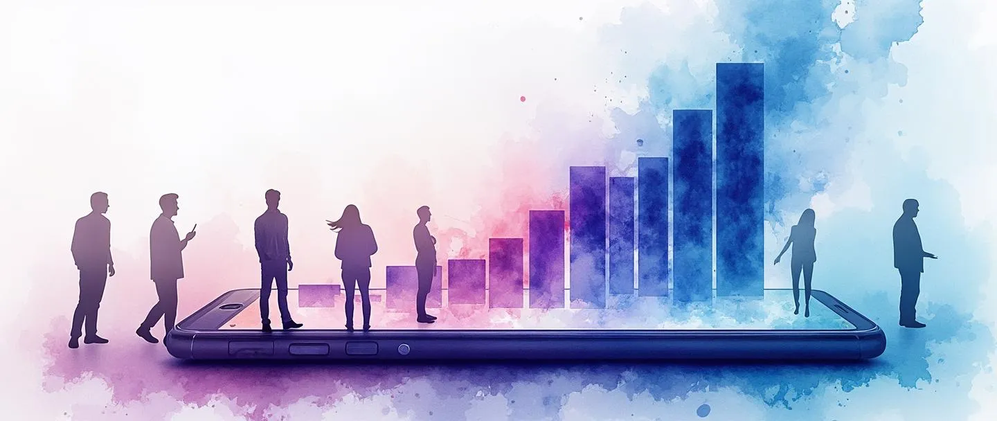 Uma pintura digital em aquarela de um smartphone com vários usuários se aproximando dele, representados por silhuetas simplificadas. Um gráfico de barras crescente emerge da tela, com aquarela azul e roxa fluindo, representando o tráfego de dados. Composição simples com cores vibrantes transmitindo o volume de tráfego do site.