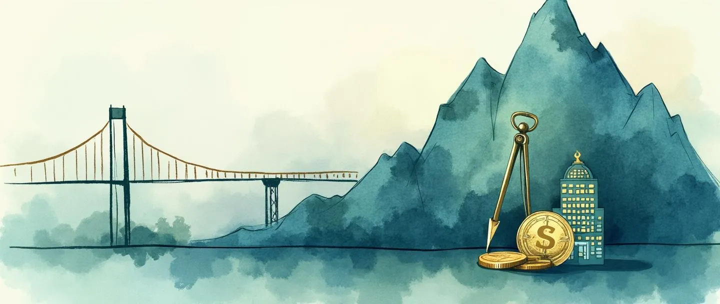 Uma pintura digital em aquarela de um gráfico do mercado de ações subindo, com uma moeda dourada e um pequeno edifício de escritórios em primeiro plano. Uma bússola aponta para uma ponte que se conecta a um pico de montanha. Composição simples com tons de azul e verde, transmitindo o conceito de mercados de capitais.