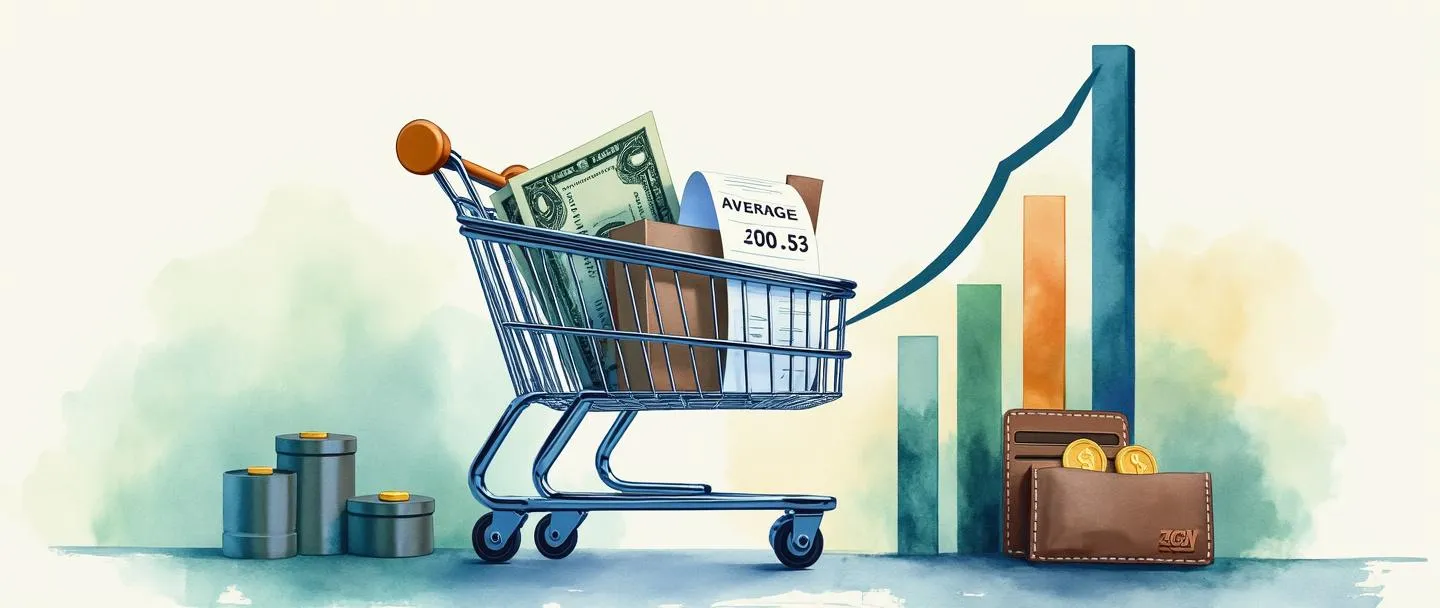 Uma pintura digital em aquarela de um carrinho de compras com um recibo mostrando um cálculo de preço médio. Uma carteira se abre próxima com notas e moedas, enquanto um gráfico de barras simples sobe para cima. Composição limpa com tons suaves de azul e verde, representando o conceito de valor de ticket médio no varejo.