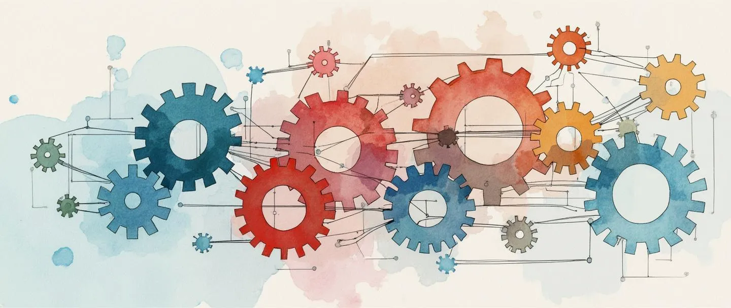 Uma pintura digital em aquarela de engrenagens interconectadas dentro de um organograma, mostrando relações hierárquicas entre peças de quebra-cabeça de diferentes cores. Algumas peças estão conectadas por linhas pontilhadas enquanto outras por linhas sólidas, ilustrando dependências organizacionais. Composição simples com linhas limpas e texturas sutis de aquarela.