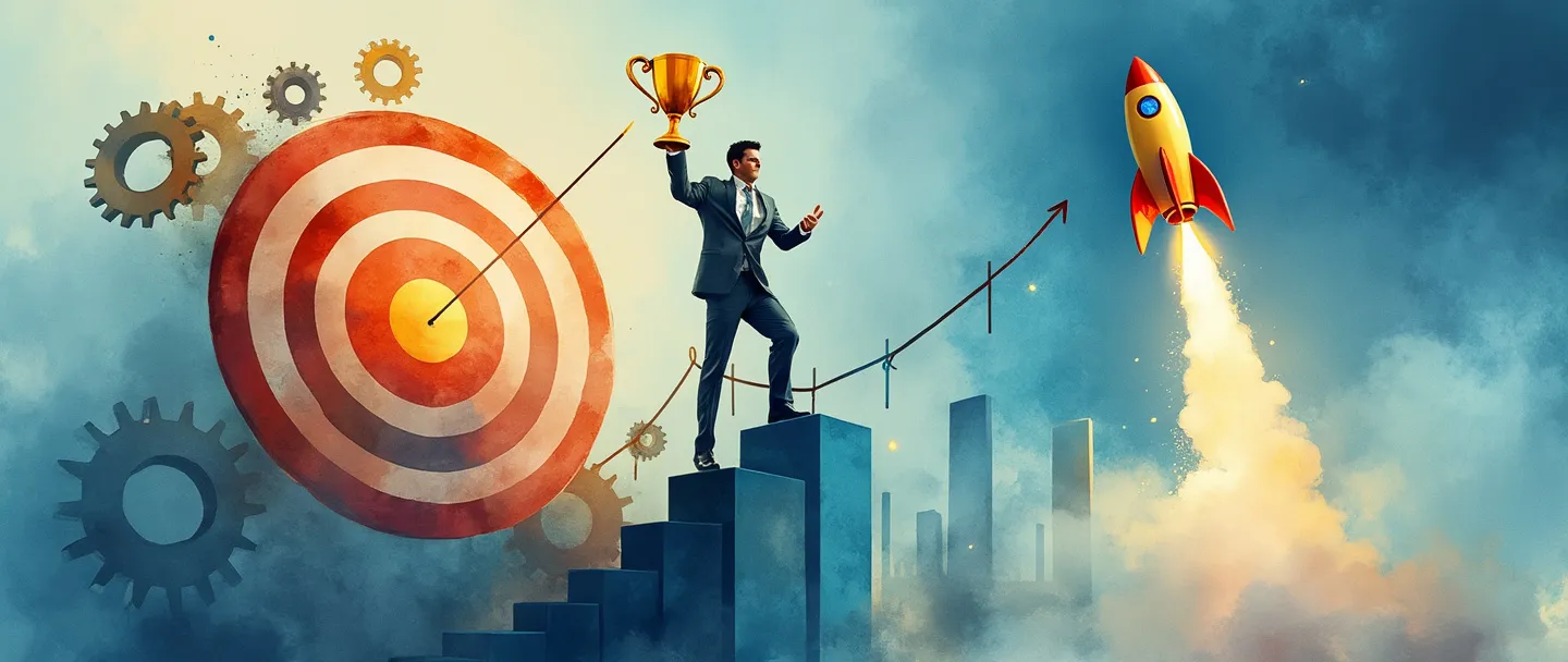 Uma pintura digital em aquarela de uma pessoa de negócios escalando um gráfico ascendente, segurando um troféu dourado. Atrás dela, um alvo com uma flecha no centro brilha. Engrenagens simples se conectam a um pequeno foguete lançando-se para cima. Vibrante, porém minimalista, usando tons de azul e dourado para transmitir crescimento e sucesso no desempenho empresarial.