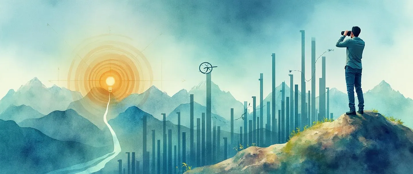 Uma pintura digital em aquarela de uma pessoa com binóculos em pé no topo de uma montanha, observando uma paisagem de gráficos de barras ascendentes e caminhos de oportunidades. Uma bússola na mão aponta para um alvo dourado à distância. Composição simples com azuis e verdes vibrantes, transmitindo visão de mercado e previsão estratégica.