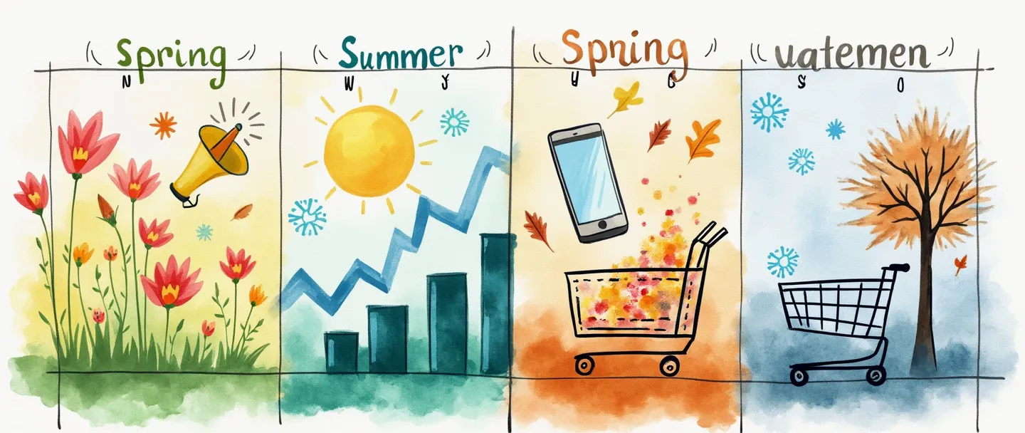 Uma pintura digital em aquarela de um calendário com quatro seções sazonais distintas, cada uma mostrando diferentes atividades de marketing. A primavera mostra flores desabrochando e um megafone, o verão exibe um sol brilhante e um smartphone, o outono tem folhas caindo e barras de gráfico em ascensão, o inverno apresenta flocos de neve e um carrinho de compras. Composição simples com cores sazonais vibrantes.