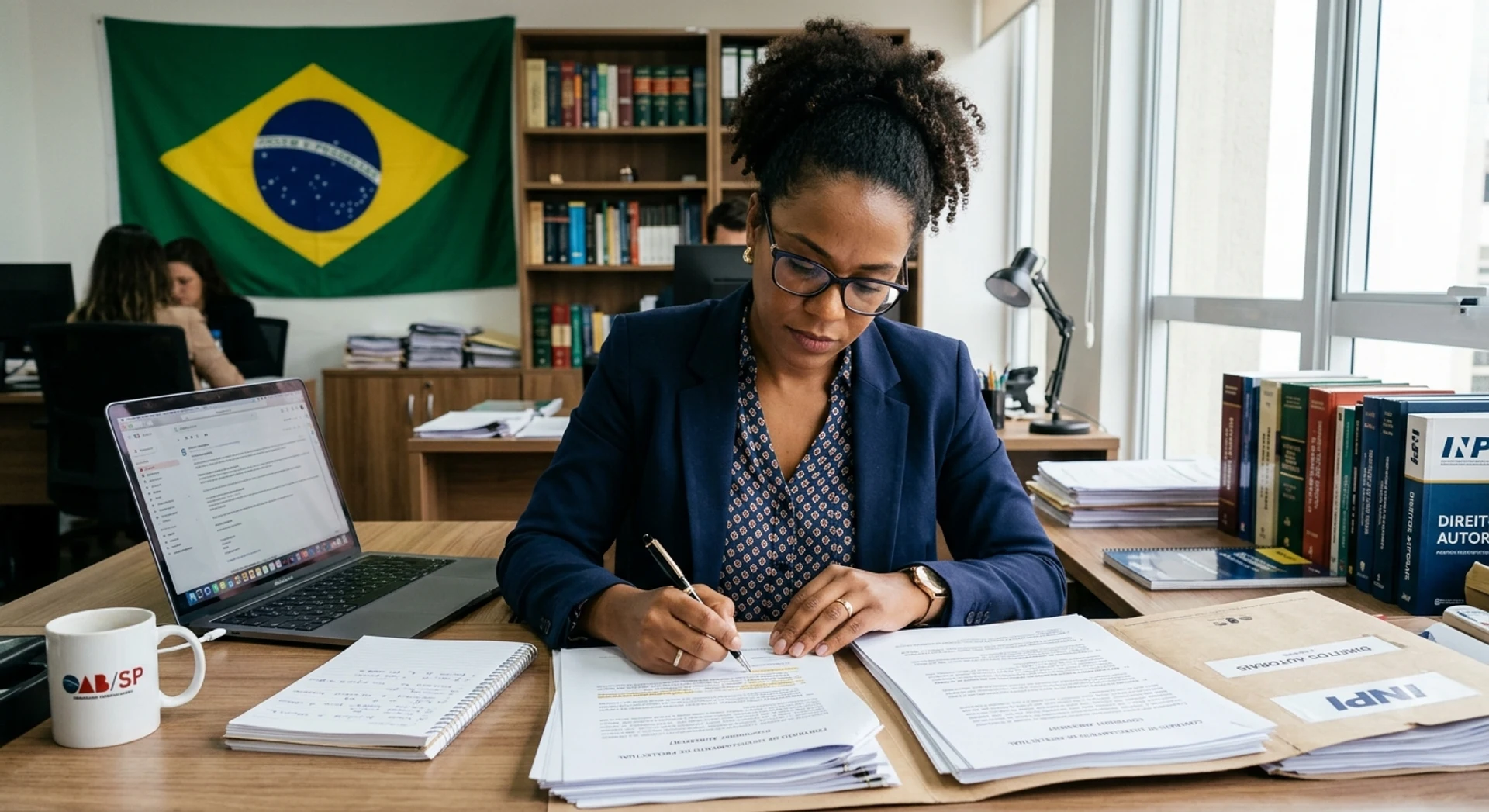 Advogado brasileiro analisando documentos de direitos autorais e propriedade intelectual em escritório moderno, fotografia editorial profissional em alta resolução com bandeira do Brasil ao fundo.