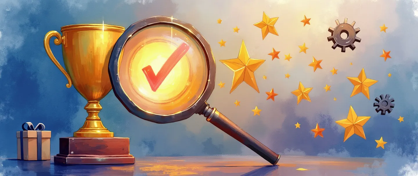 Uma pintura digital em aquarela de uma lupa examinando um troféu dourado com um sinal de verificação nele. Próximo, uma caixa de produto simples brilha com estrelas de qualidade. Uma pequena engrenagem e uma peça de quebra-cabeça flutuam nas proximidades, representando precisão e encaixe. Cores vibrantes, porém simples, atmosfera profissional.